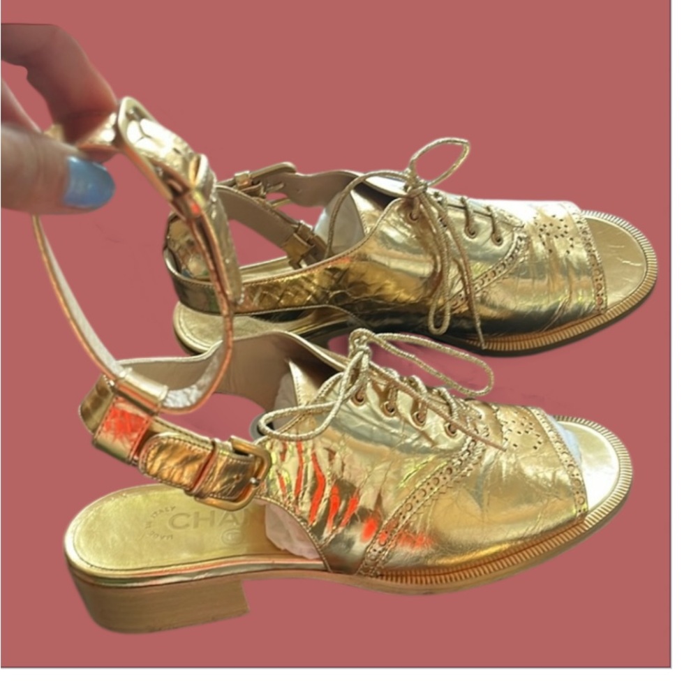 Chanel Gold Metallic Lace Up Sandals Like New In Box - Picture 2 of 8